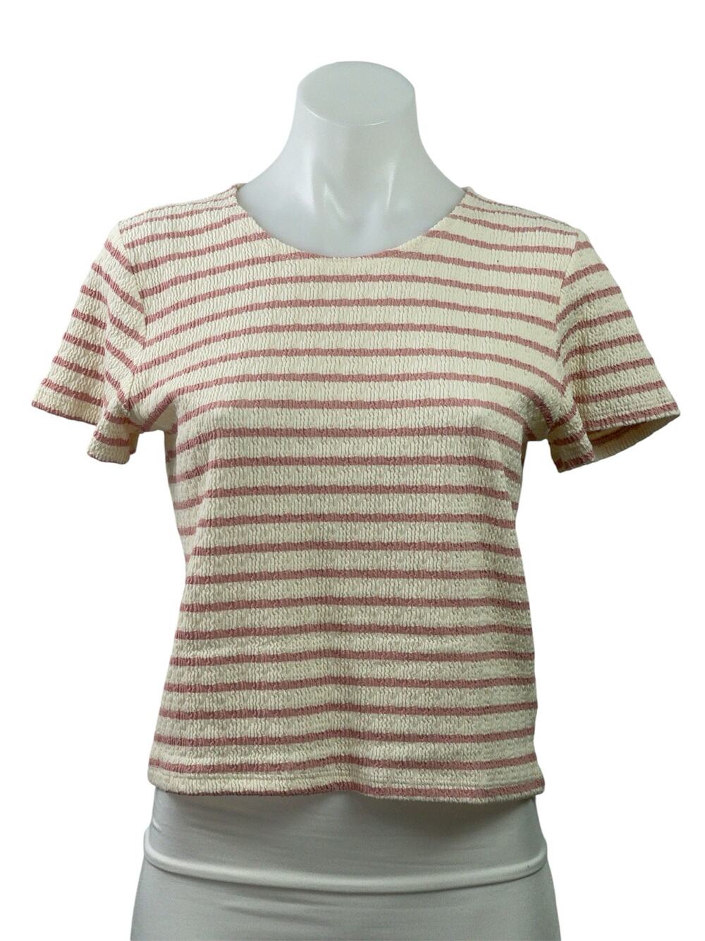 LeBop Women's Cream Pink Striped Short Sleeve Round Neck T Shirt Tee Top Size L